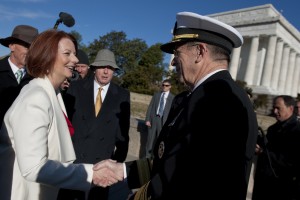 110307-N-TT977-017 Chairman of the Joint Chiefs of Staff Adm. Mike Mullen, U.S. Navy, greets Australian Prime Minister Julia Gillard at a ceremony on the steps of the Lincoln Memorial in Washington, D.C., on March 7, 2011. The ceremony announced the donation of $3.3 million by the Australian government to help fund the "Education Center at the Wall" that would be located near the Vietnam Veterans? Memorial. DoD photo by Petty Officer 1st Class Chad J. McNeeley, U.S. Navy. (Released)
