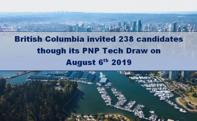 British Columbia invites 238 candidates through a recent Tech Pilot Draw  on 6th August 2019