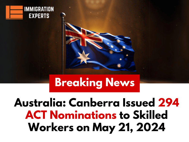 Australia Canberra Issued 294 ACT Nominations to Skilled Workers on May 21, 2024