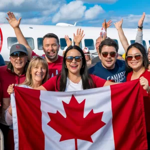 Canada visit visa.
People holds the flag of Canada with smiles on the faces.